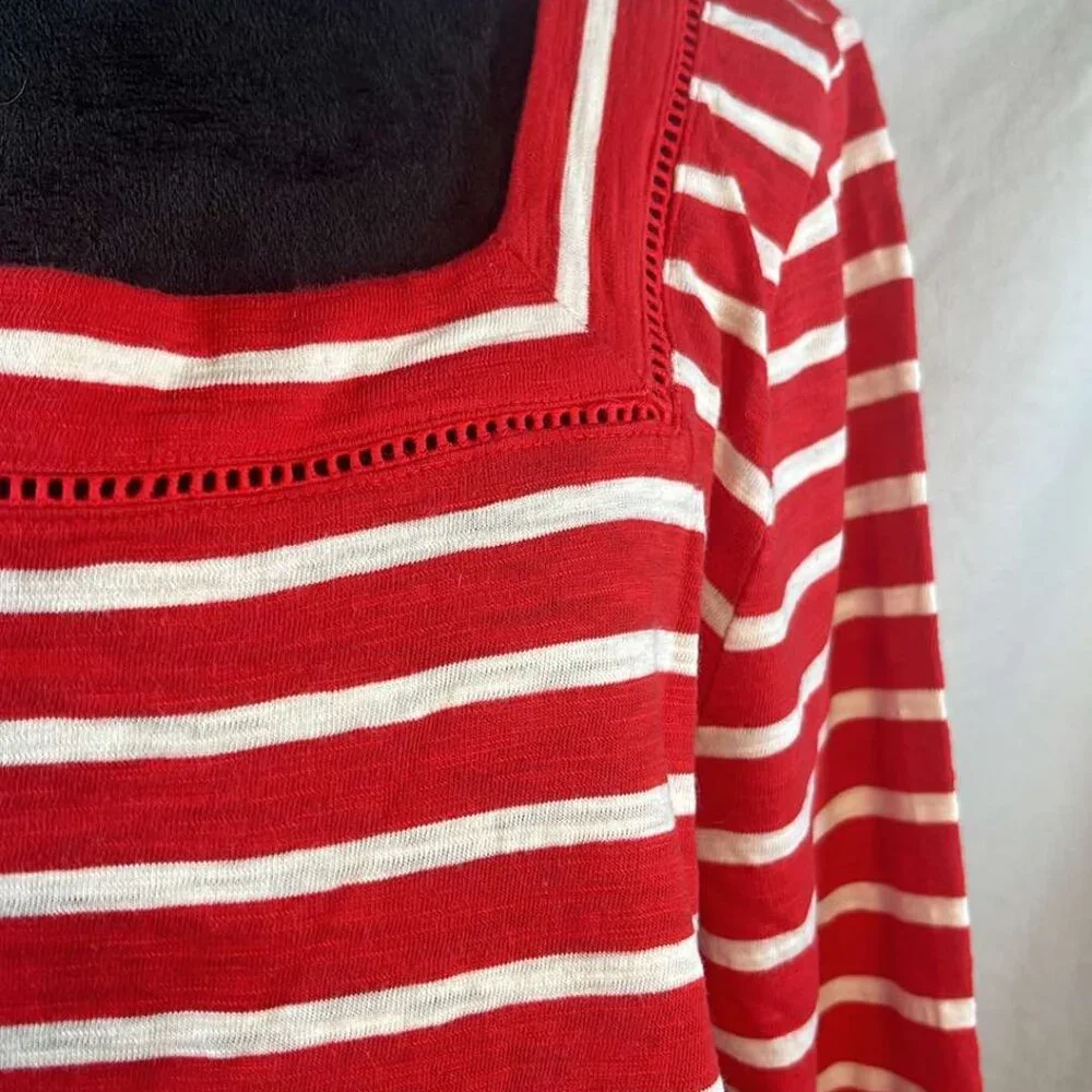 Talbots Cotton Top Red White Striped Square Neck Lattice Detail Sz L 3/4 Sleeves